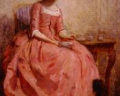 查理 卓别林 : Girl in a pink dress reading with a dog